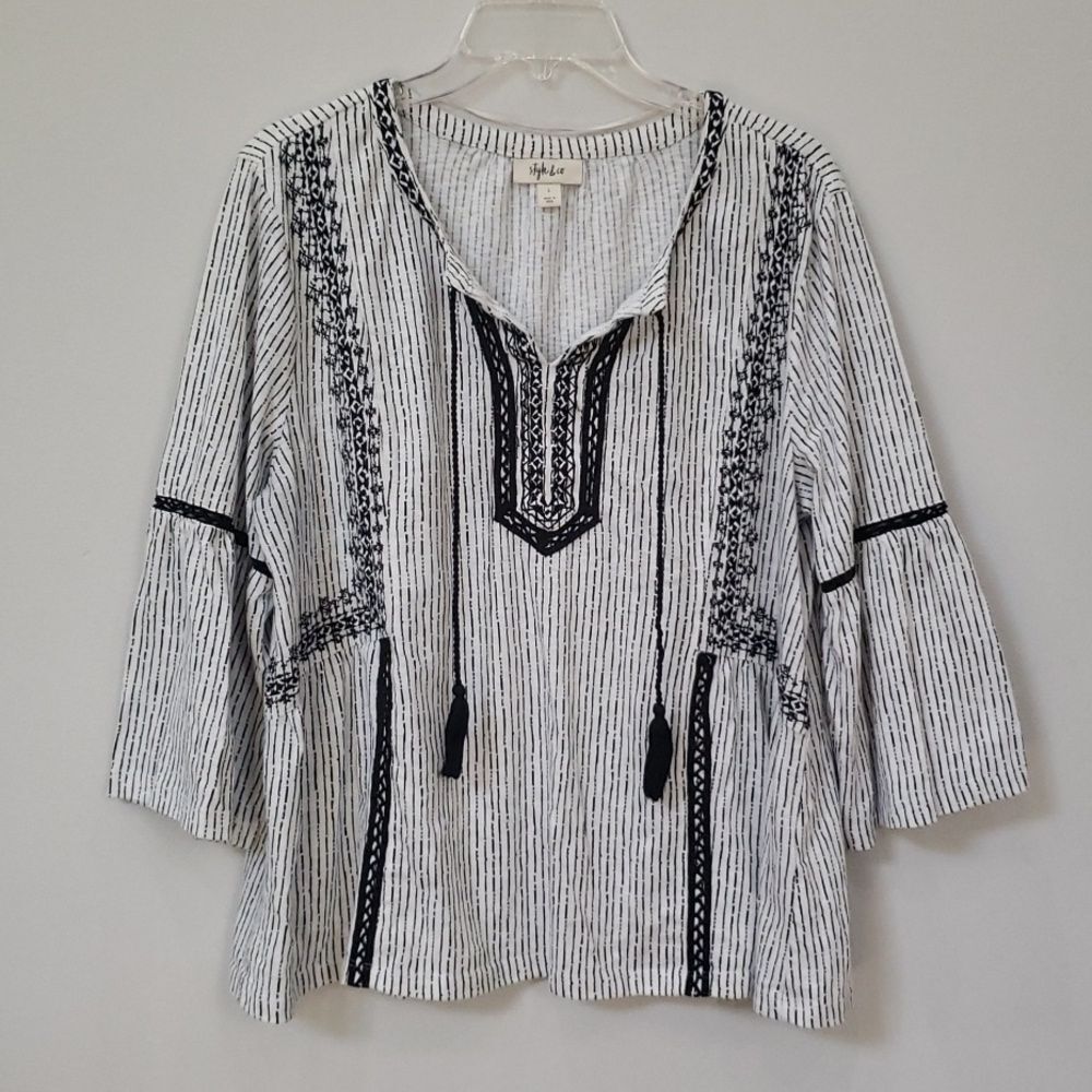 Style & Co Top Womens L Embroidered Boho Peasant Blouse Whimsigoth Hippie Retro